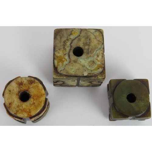 229 - Three Chinese carved Jade Cong of Archaistic form but likely Qing, the celadon, russet and black squ... 