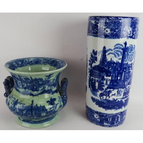 237 - A reproduction blue and white Victoria Ware stick stand, 44cm and a similar Campana shape Jardinière... 