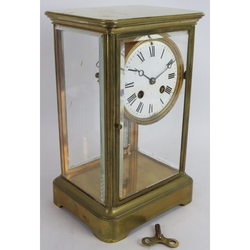 247 - A brass cased striking mercury pendulum mantel clock with white enamel dial. Movement number 8773. K... 