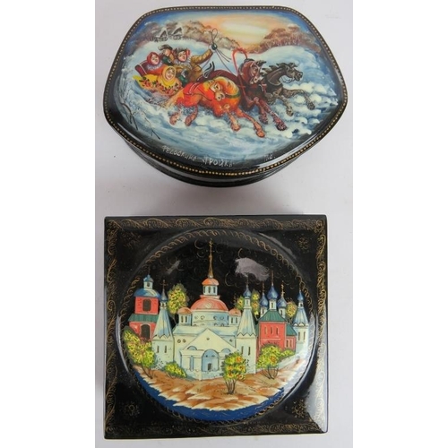 249 - Five hand painted Russian lacquer trinket boxes, all signed. Plus a similar box. Largest: 11.5cm x 1... 