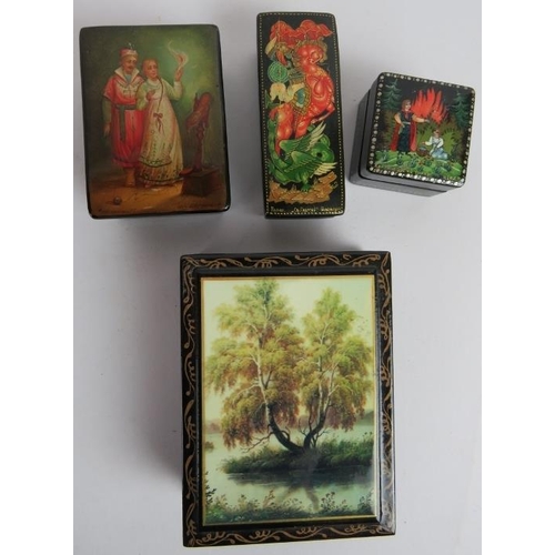 249 - Five hand painted Russian lacquer trinket boxes, all signed. Plus a similar box. Largest: 11.5cm x 1... 