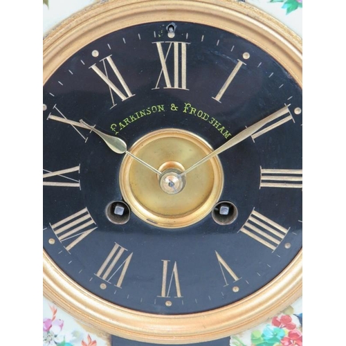 261 - A Victorian slate striking mantle clock in the aesthetic movement taste with hand painted porcelain ... 