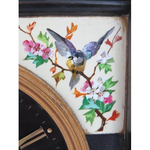 261 - A Victorian slate striking mantle clock in the aesthetic movement taste with hand painted porcelain ... 