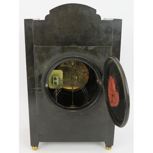 261 - A Victorian slate striking mantle clock in the aesthetic movement taste with hand painted porcelain ... 