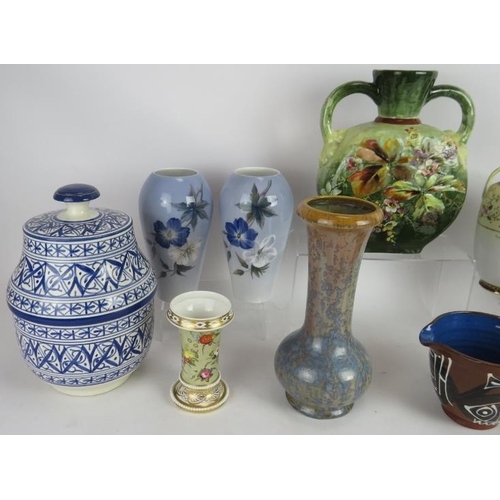 270 - A mixed lot of ceramics including Royal Copenhagen, Bretby, Slipware,  H & S and Bourne & Leigh. (11... 