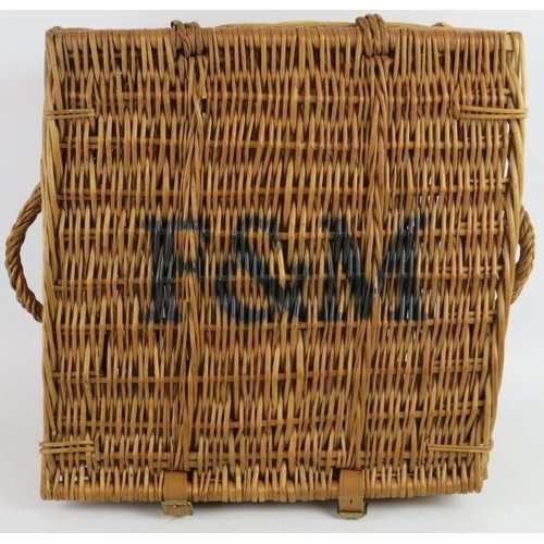 284 - A Fortnum and Mason wicker picnic hamper with leather straps. 38cm x 38cm x 20cm.
Condition report: ... 