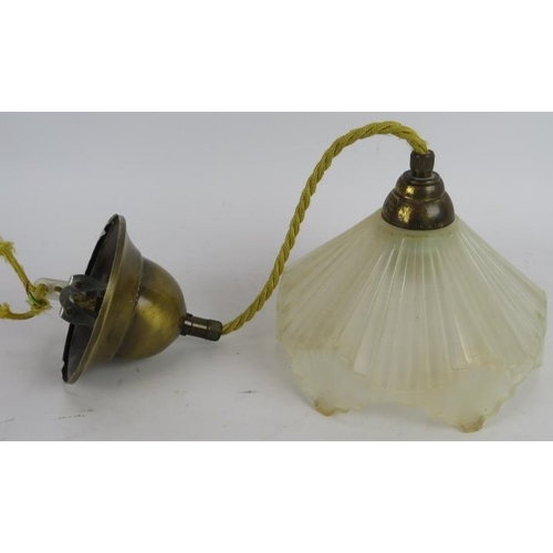 289 - An Art Deco style pendant light fitting with 3 step opaque glass shade and brushed brass fittings. S... 