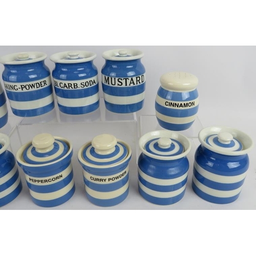 292 - Nine T.G. Green blue Cornish ware storage jars including baking powder, bicarb. soda, mustard, peppe... 