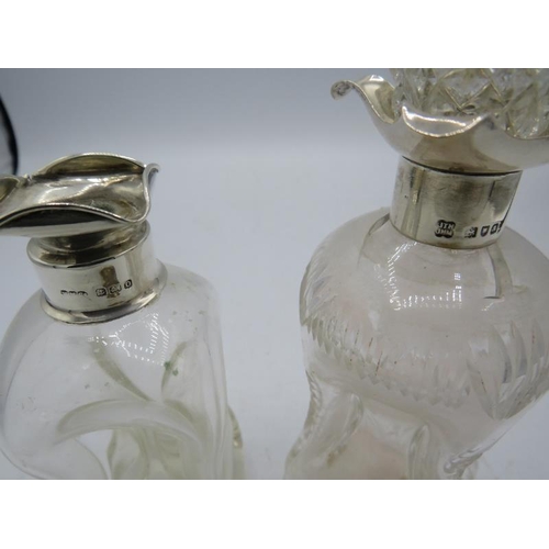 321 - two small pinched glass bottles with silver collars (one with stopper missing. London 1896 and Birmi... 