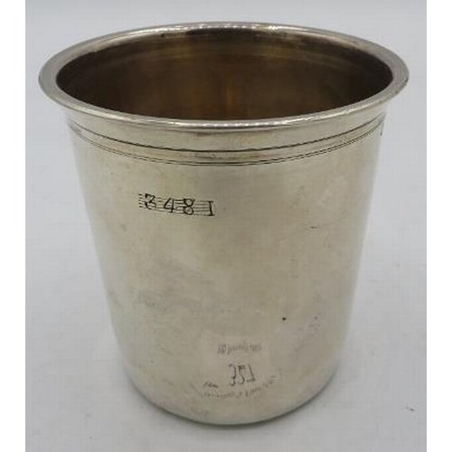 327 - A French silver beaker marked 337, 308 and 348! Approx height 7.8cm, 3