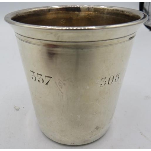 327 - A French silver beaker marked 337, 308 and 348! Approx height 7.8cm, 3