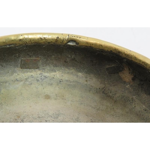 38 - A Chinese brass censer of squat form with engraved design to body and six character mark to base. Di... 