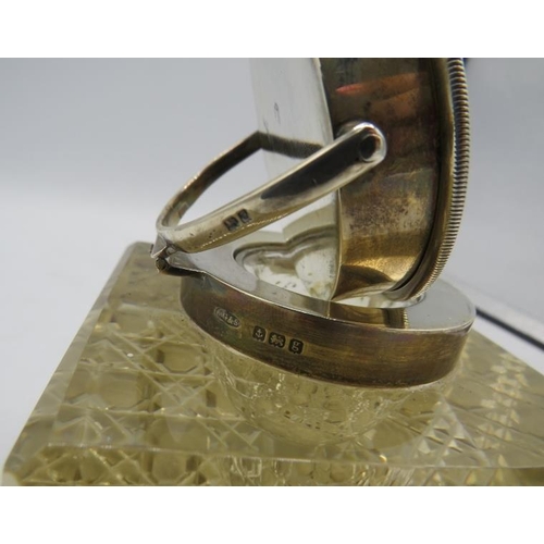 451 - A heavy square glass inkwell, pocket watch with hob nail cut base and silver mounts. Birmingham 1906... 