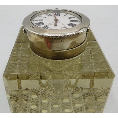 451 - A heavy square glass inkwell, pocket watch with hob nail cut base and silver mounts. Birmingham 1906... 