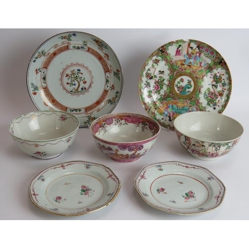 47 - Three antique Chinese porcelain bowls and four plates. Variously decorated 18th/19th century. Larges... 