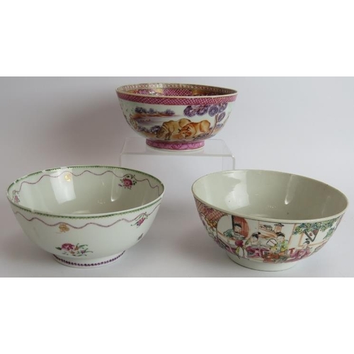 47 - Three antique Chinese porcelain bowls and four plates. Variously decorated 18th/19th century. Larges... 