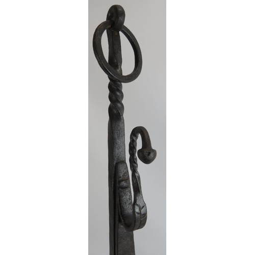 49 - A pair of large French antique wrought iron fire andirons in the 16th/17th century style. Overall he... 