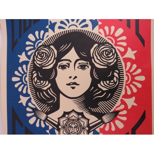 523 - Frank Shepard Fairey (American, b.1970) - a signed colour print, 85cm x 57cm, unframed.
Condition re... 