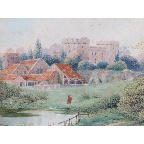 534 - British School (19th century) - 'Country landscape with castle, church, Farm buildings and river', w... 