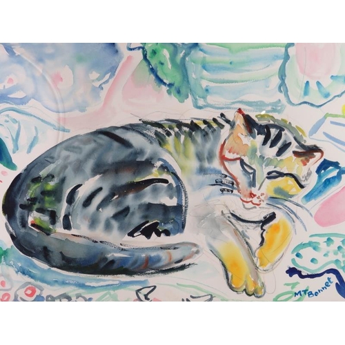 550 - Marie-Therese Bonnet (French, 20th century) - 'Cat resting', watercolour, signed, 37cm x 56cm, frame... 