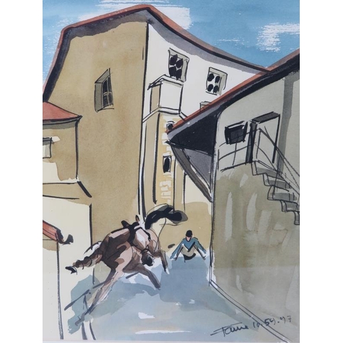 554 - Thierry Faure (French, b.1944) - 'Horseman in French Street', watercolour and black ink, signed and ... 