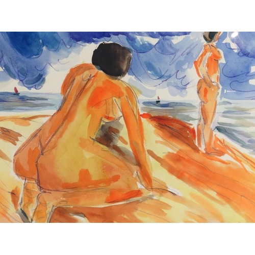 563 - Sergie Luppov (Russian, 1893-1977) - 'Female nudes on a beach', watercolour, signed, 30cm x 45cm, fr... 