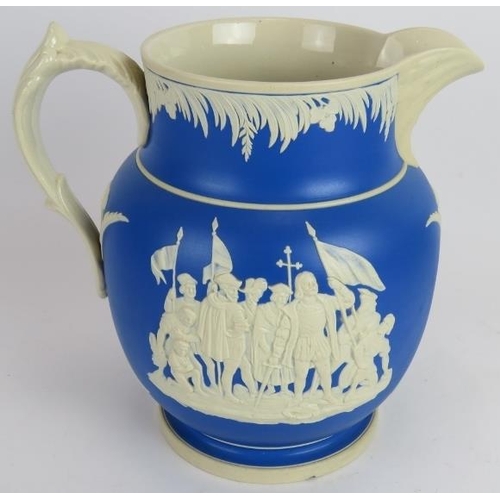 57 - A Copeland blue painted stoneware cheese bell in Jasperware style and a similar Columbus 400th anniv... 