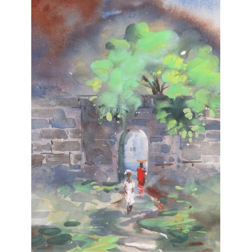 577 - J.M.S. Mani (Indian, b. 1949) - 'Figures passing through a walled gate', gouache and watercolour, si... 