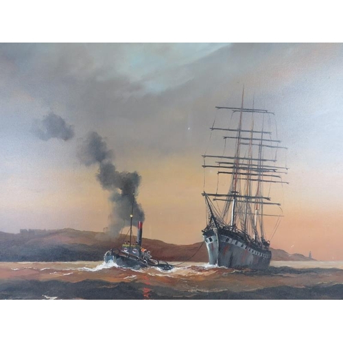 582 - 20th century school - 'Clipper and tug off the coast', oil on canvas, indistinctly signed, 60cm x 90... 