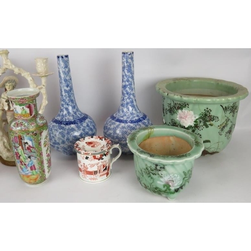 59 - Mixed ceramics to include a pair of continental figural candlesticks, Chinese Famille rose vase, sha... 