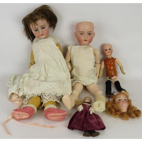 68 - Four mixed bisque headed dolls including one Heubach, one Simon Halbig and one MB Japan. Plus a Simo... 