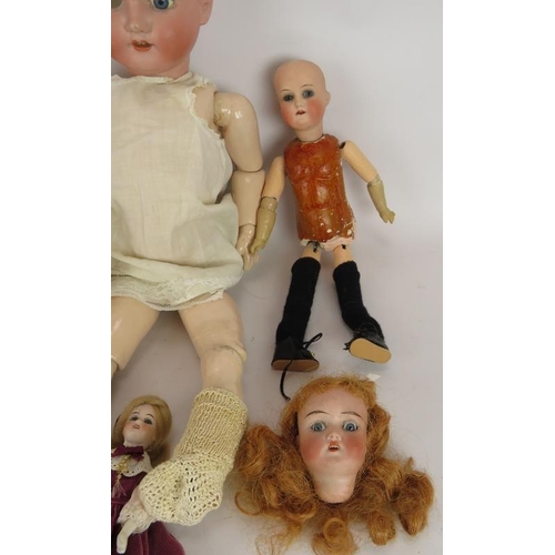 68 - Four mixed bisque headed dolls including one Heubach, one Simon Halbig and one MB Japan. Plus a Simo... 