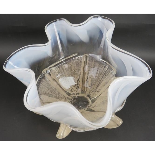 80 - A large fluted freeform blown glass bowl by Neal Drobnis (American). White rippled fluted bowl on a ... 