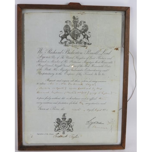 84 - A Victorian British passport for Lord Lyons, dated 1870, signed by Lyons and countersigned by Freder... 