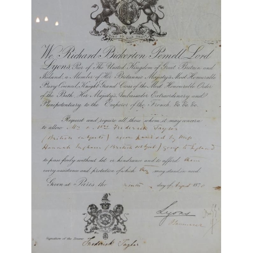 84 - A Victorian British passport for Lord Lyons, dated 1870, signed by Lyons and countersigned by Freder... 