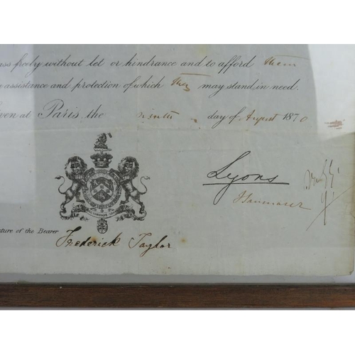 84 - A Victorian British passport for Lord Lyons, dated 1870, signed by Lyons and countersigned by Freder... 