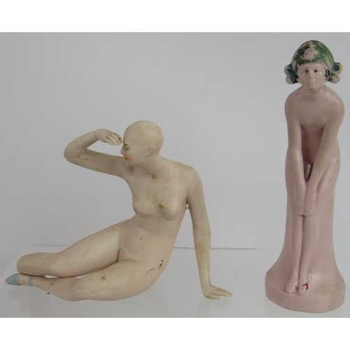 98 - Four continental Bisque porcelain Art Deco female figures. Largest: 16cm long.
Condition report: One... 