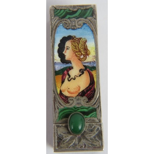 342 - A white metal and enamelled lipstick holder and mirror. Depicting a semi clad lady. Marked .800
Cond... 