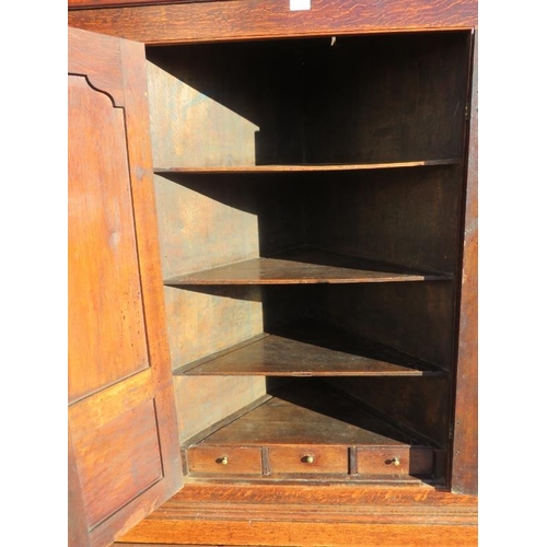 718 - A large 18th century Welsh oak livery cupboard, the inlaid cornice featuring a central butterfly, ab... 