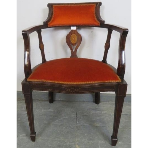 721 - An Edwardian mahogany open-sided tub chair, with marquetry inlay and strung with satinwood, upholste... 