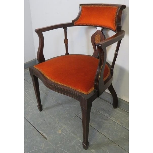 721 - An Edwardian mahogany open-sided tub chair, with marquetry inlay and strung with satinwood, upholste... 