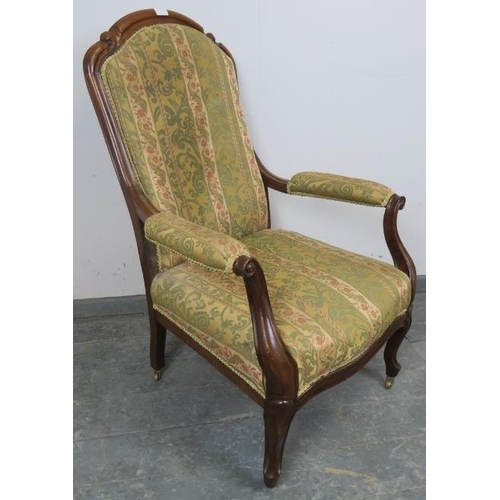 726 - A vintage French oak show-wood open-sided armchair, upholstered in tapestry patterned material with ... 