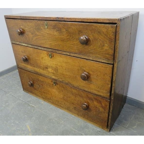 728 - An early 19th century country made elm chest of excellent colour and patina, housing three long grad... 