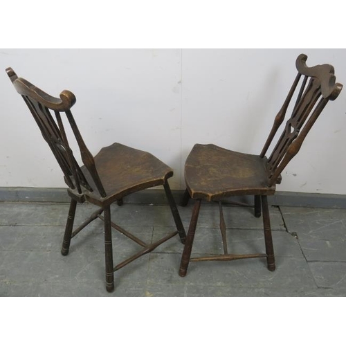 747 - A pair of Edwardian mahogany stickback child’s chairs, the shaped backsplats with pierced heart deco... 