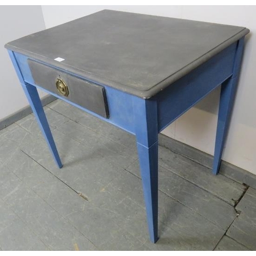 756 - An upcycled 19th century side table, painted distressed blue and grey, the single drawer with presse... 