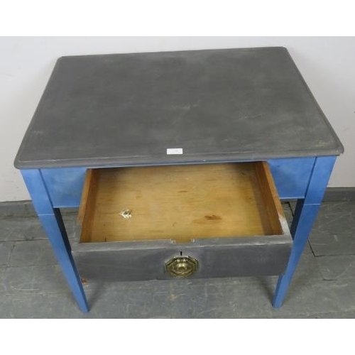 756 - An upcycled 19th century side table, painted distressed blue and grey, the single drawer with presse... 