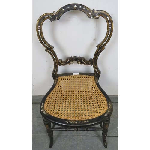 785 - A Victorian Japanned occasional chair with gilt and mother of pearl decoration and bergère seat, on ... 