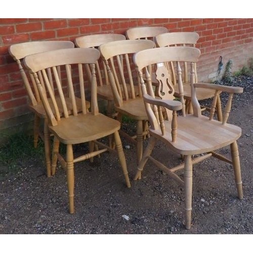 806 - A set of six beech slat back kitchen chairs, on canted turned supports with an ‘H’ stretcher. Togeth... 