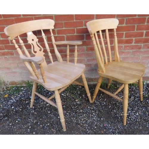 806 - A set of six beech slat back kitchen chairs, on canted turned supports with an ‘H’ stretcher. Togeth... 