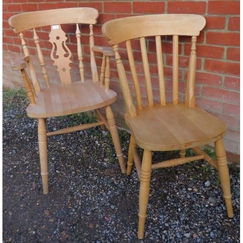 806 - A set of six beech slat back kitchen chairs, on canted turned supports with an ‘H’ stretcher. Togeth... 